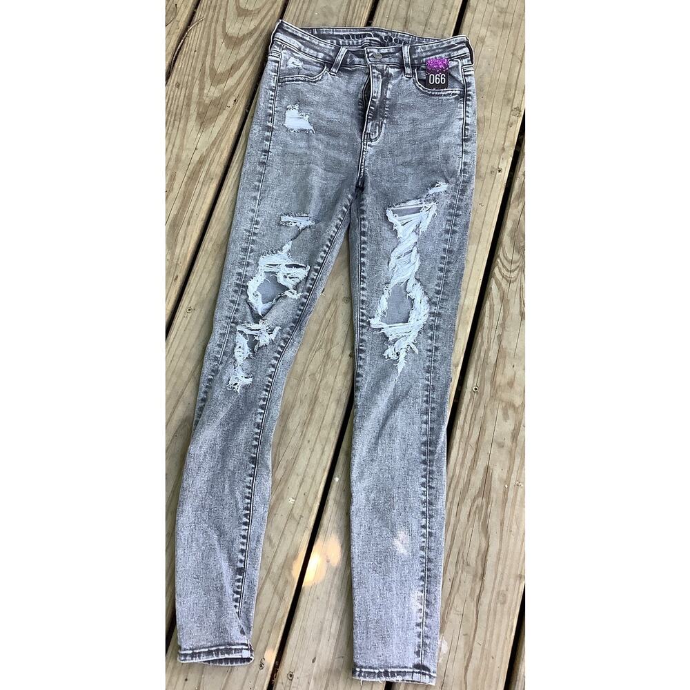 American Eagle Super Super Stretch High Rise Jegging Gray Distressed Jeans Sz 0